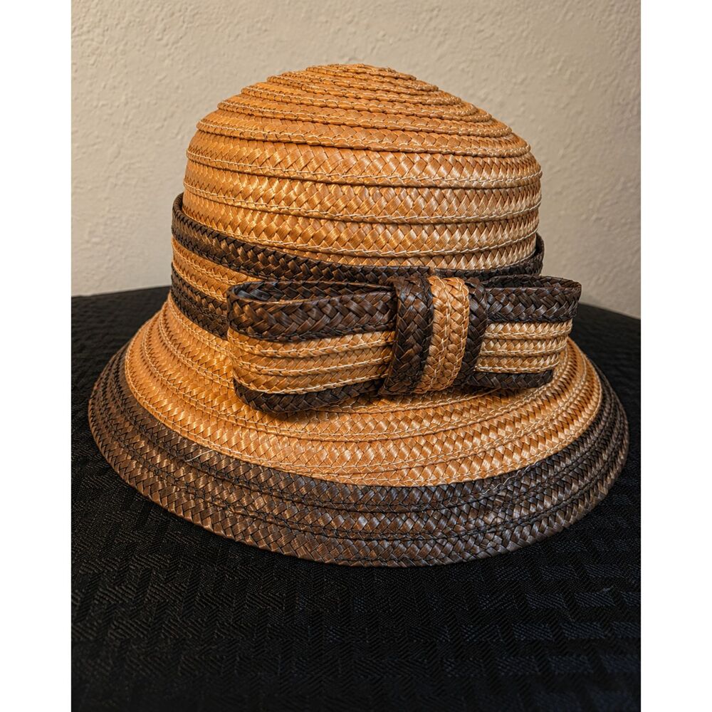 Vintage Straw Bucket Cloche Hat Brown Bow Accent Summer Sun Hat